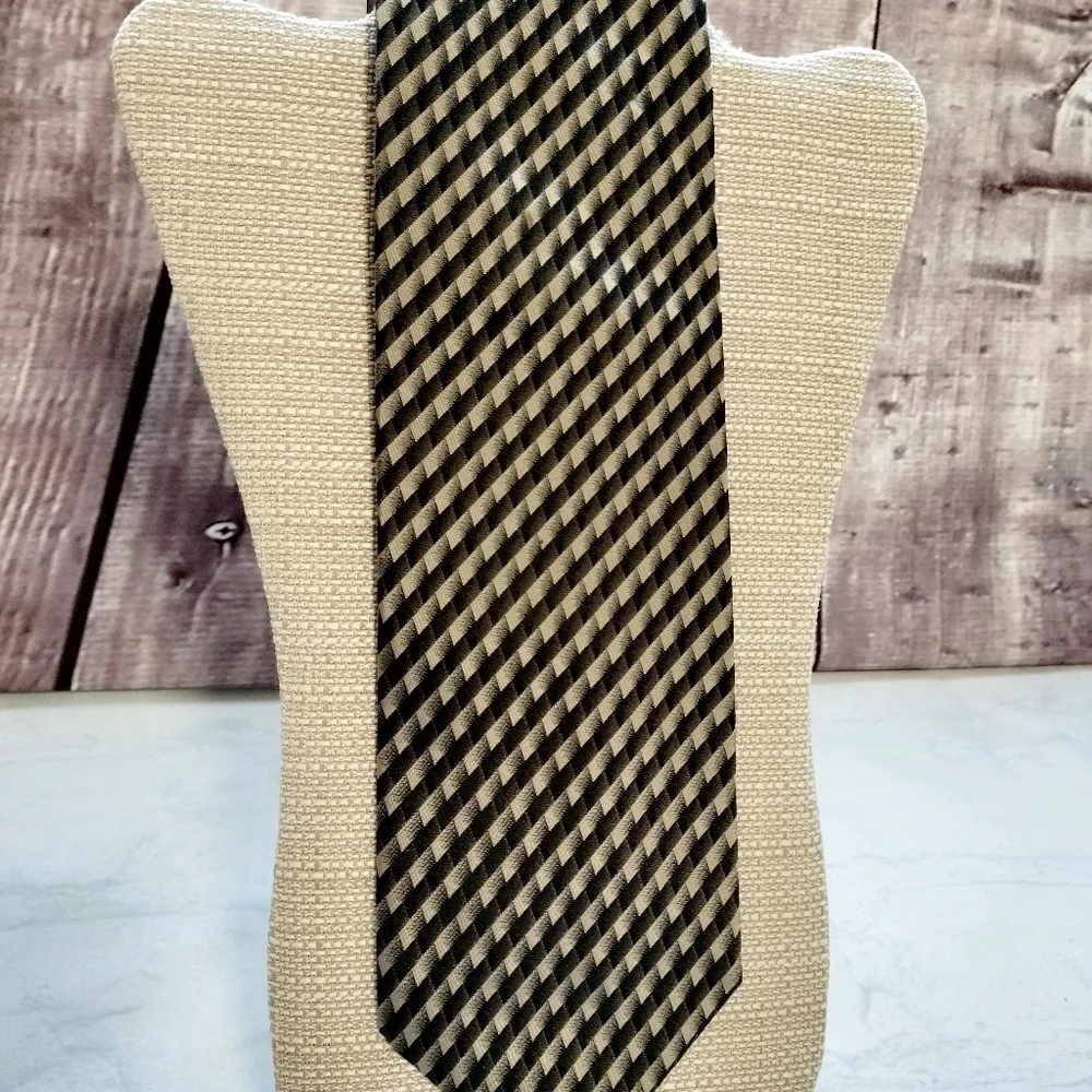 Pavone Black Taupe Men's Silk Tie Necktie Stripe Checks Made in Italy Formal
